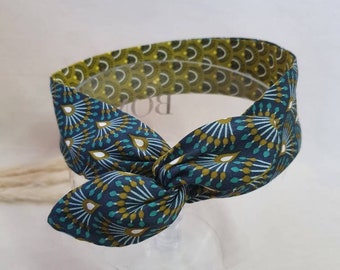 Bandeau cheveux rigide headband fil de fer réversible éventails bleus et verts