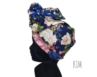 Half-Turban, adjustable wire headband turban Japanese floral fabric, pink and blue tone KIM