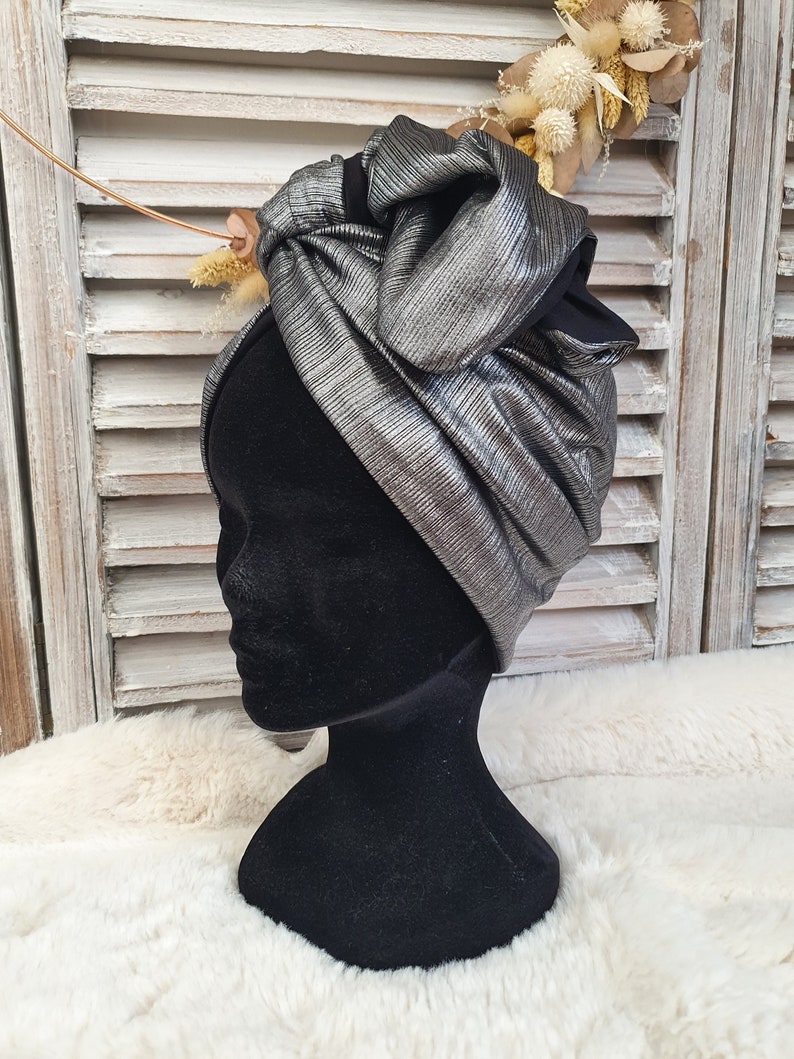 Maxi turban, bandeau fil de fer modulable turban femme lamé argenté et noir SIRIUS image 3