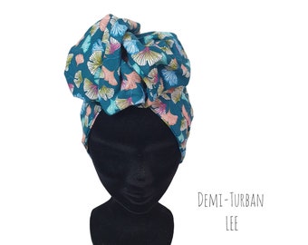 Half Turban, adjustable wire headband turban ginkgo leaves blue background LEE