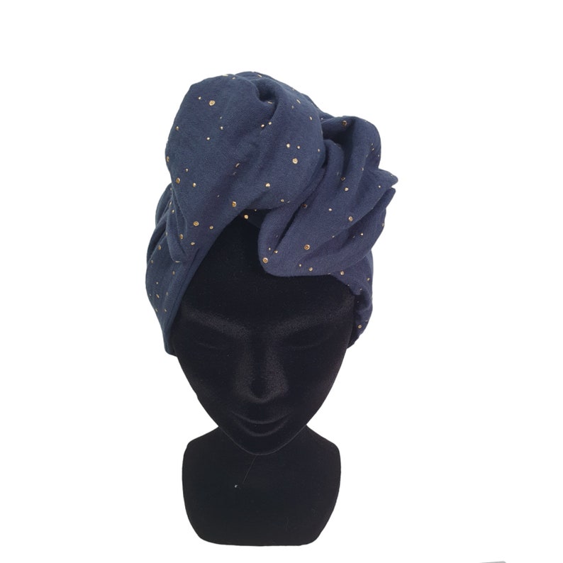 Demi-Turban, bandeau fil de fer modulable turban double gaze pois dorés bleu marine MAX image 4