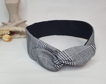 Rigid hair band, wire headband, women's headband in black and gray houndstooth tartan