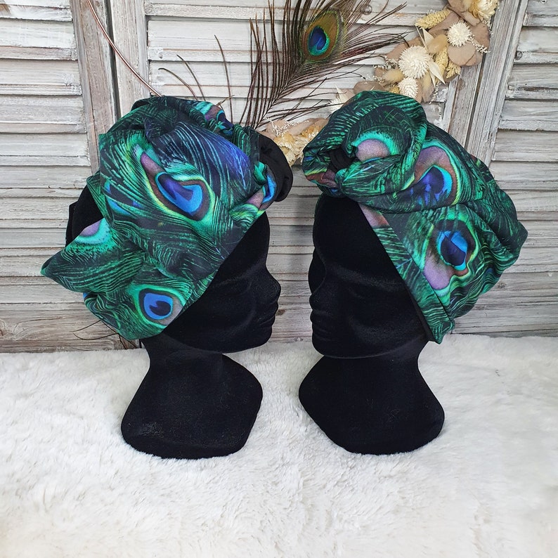 Turban, bandeau fil de fer modulable turban femme motifs plumes de paon TAOUS image 3