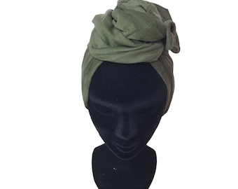 Women's turban, fine corduroy turban, adjustable wire headband, khaki green turban FANNY