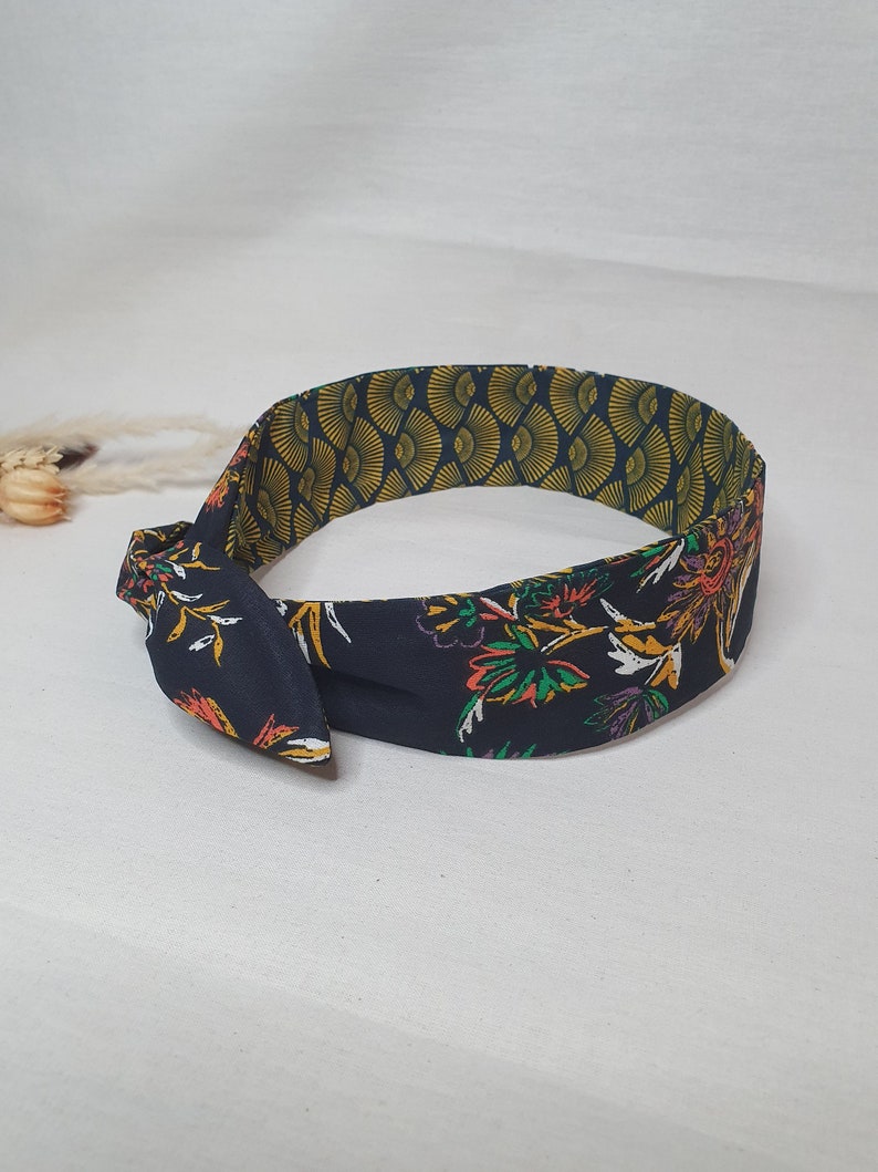 Bandeau cheveux rigide headband fil de fer réversible éventails jaunes et fleuri multicolore image 3