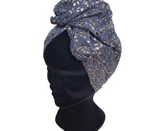 Turbante da donna BILY, fascia regolabile in filo, turbante in chambray azzurro con stampa leopardata dorata