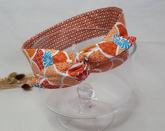 Women's headband, rigid women's headband with adjustable cord, handmade cotton headband with orange patterns