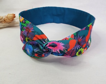 Bandeau cheveux rigide headband fil de fer réversible bleu fleurs exotiques