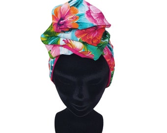 Half Turban, adjustable wire headband turban exotic fabric hibiscus flower AYA