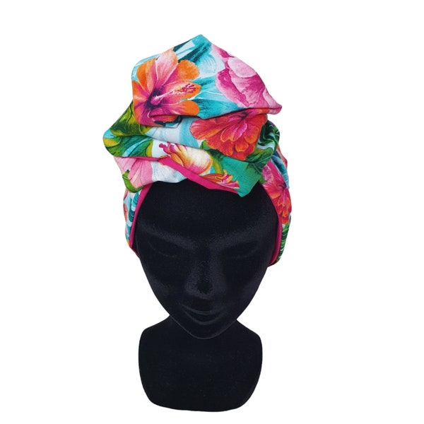 Demi-Turban, bandeau fil de fer modulable turban tissu exotique fleuri hibiscus AYA