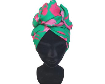 Turbante para mujer, turbante con gorro, turbante de alambre ajustable, turbante elegante con estampado rosa y verde.
