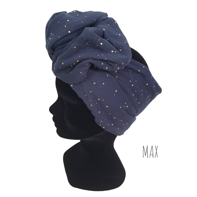 Demi-Turban, bandeau fil de fer modulable turban double gaze pois dorés bleu marine MAX image 1