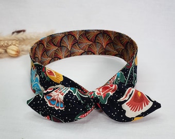 Rigid hair band, reversible wire headband, women's headband with fans and flowers on a black background