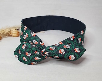 Diadema rígida reversible de hilo negro y pequeños estampados verde naranja