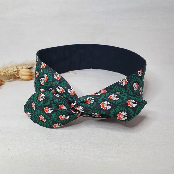 Bandeau cheveux rigide headband fil de fer réversible noir et petits motifs verts orange