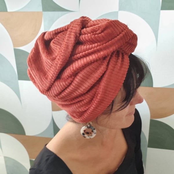 Turban velours , turban bandeau fil modulable, maxi turban femme velours côtelé orange brique FELIX