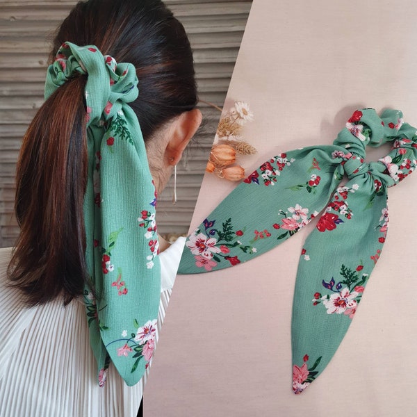 Scrunchies, Chouchou/foulard, vert fleurs de cerisier