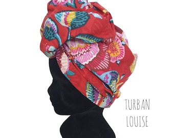 Maxi turban, adjustable wire headband, red floral women&#39;s turban LOUISE