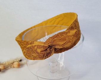 Lace headband, yellow lace wire hairband, rigid headband, mustard yellow lace wire headband