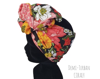 Demi-Turban, bandeau fil de fer modulable turban réversible fleuri et corail CORALY