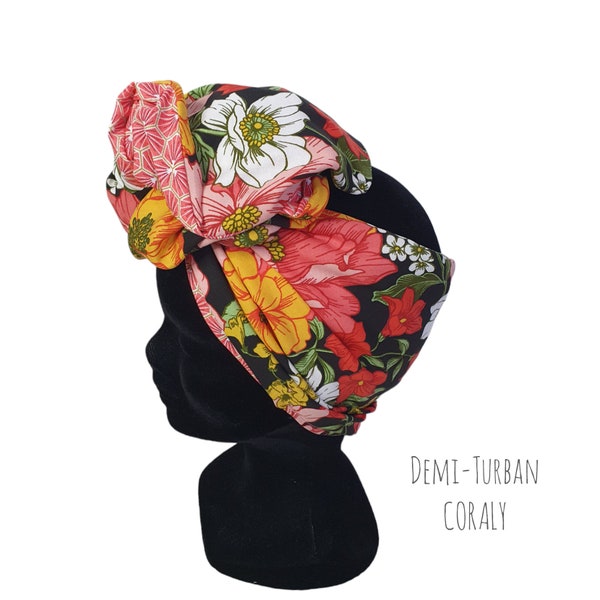 Demi-Turban, bandeau fil de fer modulable turban réversible fleuri et corail CORALY