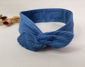 Bandeau cheveux rigide headband fil de fer velours côtelé bleu denim