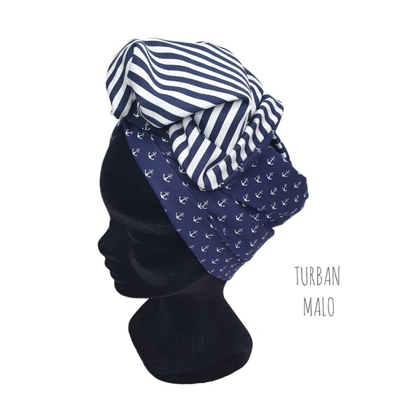 Turban femme, turban bandeau fil modulable, turban pinup motifs encres rayé MALO bleu marine