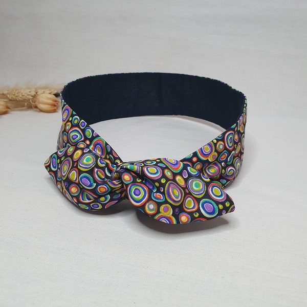 Bandeau cheveux rigide headband fil de fer réversible cercles multicolores et noir