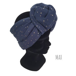 Demi-Turban, bandeau fil de fer modulable turban double gaze pois dorés bleu marine MAX image 2