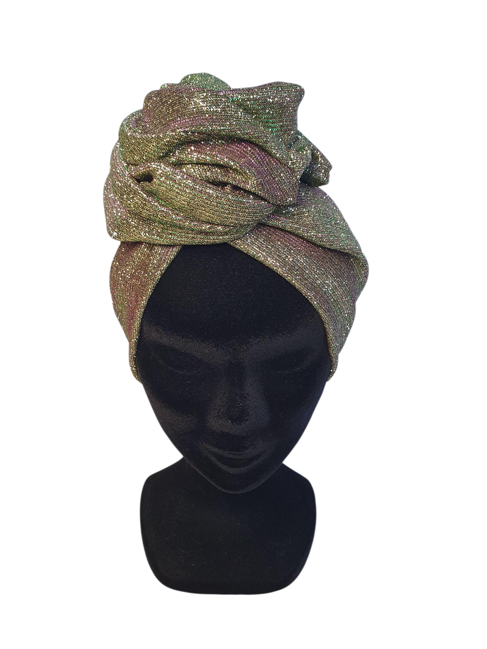 Sequined turban, slip-on hat turban with aluminum frame, chic and festive hair accessory in gold with shiny green and mauve highlights