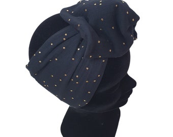 Rigid hairband, twist wire headband, wire headband, women's headband, large black headband with gold polka dots