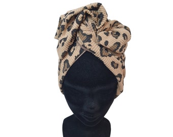 Demi-Turban, bandeau fil de fer modulable turban motifs léopard velours côtelé souple LÉO