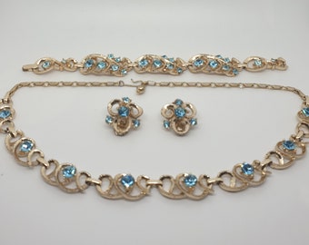 Vintage Necklace & Earrings Set ~ (Gold Tone, Faceted Aquamarine Rhinestones, Unsigned, Clip-on) Demi Parure ~ Jewellery Box Included