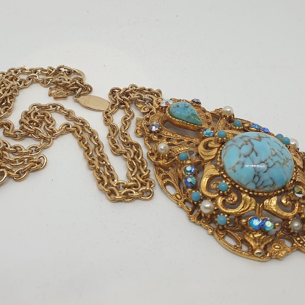 Vintage Necklace & Pendant ~ (AB Crystal, Faux Pearl and Turquoise, Signed Florenza, Pendant) ~ Jewellery Box Included