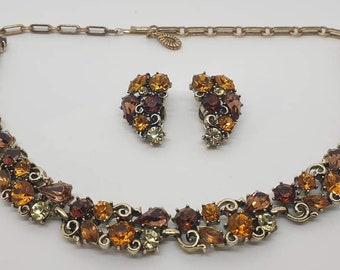 Vintage Necklace & Earrings Set ~ (Faceted Crystal, Autumn Colours, Signed Lisner, Clip-on) Demi Parure ~ Jewellery Box Included