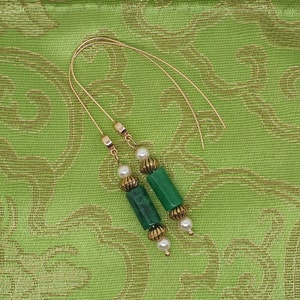 Handmade Jade Column W/Swarovski Glass Pearl Elements and Antique Gold Tibetan Bead Earrings