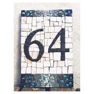 Mosaic House number in blue color-association of a sea vacationis. Unique work of art. Personalized.