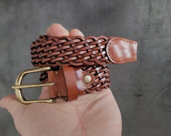 Fine Braided leather belt Black unisex size personalized hand braid belt,  unique elegant gift for women men handcrafted leather quality belt - Main Image