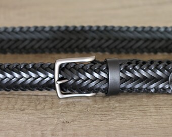 Black Braided leather belt Handcrafted genuine Leather hand braid belts for men women gift ideas unique trendy belt for him boyfriend gifts