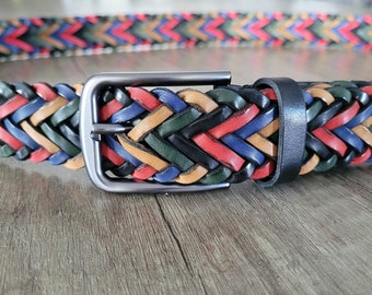 Ceinture tressée colorée en cuir véritable tresse à la main ceinture multicolore en cuir tissé unisexe ceinture personnalisable cadeau de Noël pour ceinture large en jean pour homme