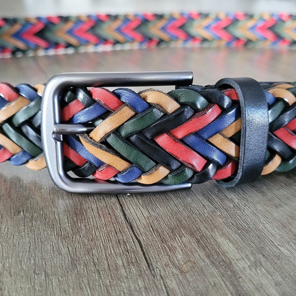 Ceinture tressée colorée en cuir véritable tresse à la main ceinture multicolore en cuir tissé unisexe ceinture personnalisable cadeau de Noël pour ceinture large en jean pour homme