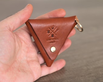 Leather triangle tiny bag coin purses Keychain pouch free personalized Coin wallet Unisex leathergoods gift for her headphone case with ring