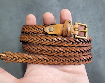 Braided leather skinny belt, Valentine's Day gift, handmade Custom belt, full grain leather long dangling belt for dress for women and girls