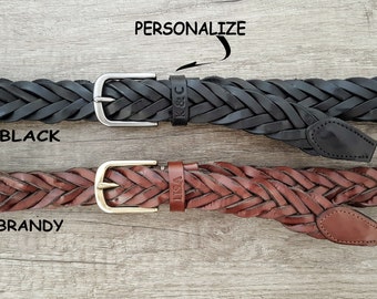 Leather braid belt custom hand braided belt for women mens, with name engraved quality woven belt, christmas birthday personalized gifts