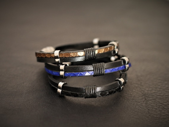 Leather bracelet, snake leather men bracelets, easy magnetic clasp, gift for boyfriend luxury workmanship leather bracelet anniversary gifts
