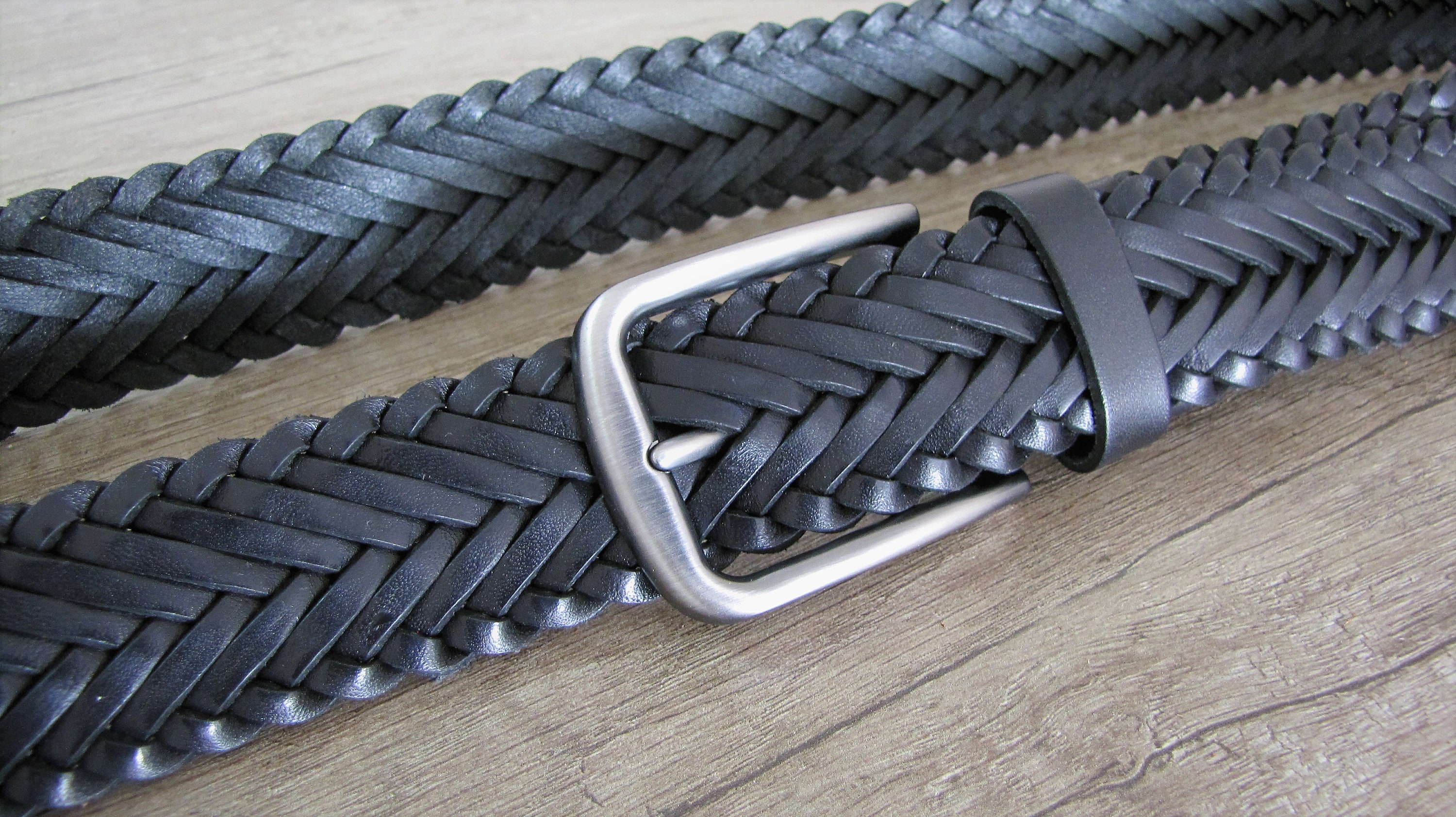 Fine Braided Leather Belt Black Unisex Size Personalized Hand 