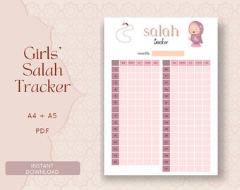 Girls Salah Tracker, Muslim Prayer Tracker for Kids, Printable