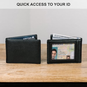 May include: A black leather wallet with a clear window for displaying a driver's license or ID card. The wallet is open and shows a $100 bill and a California driver's license with the name Peter Smith.