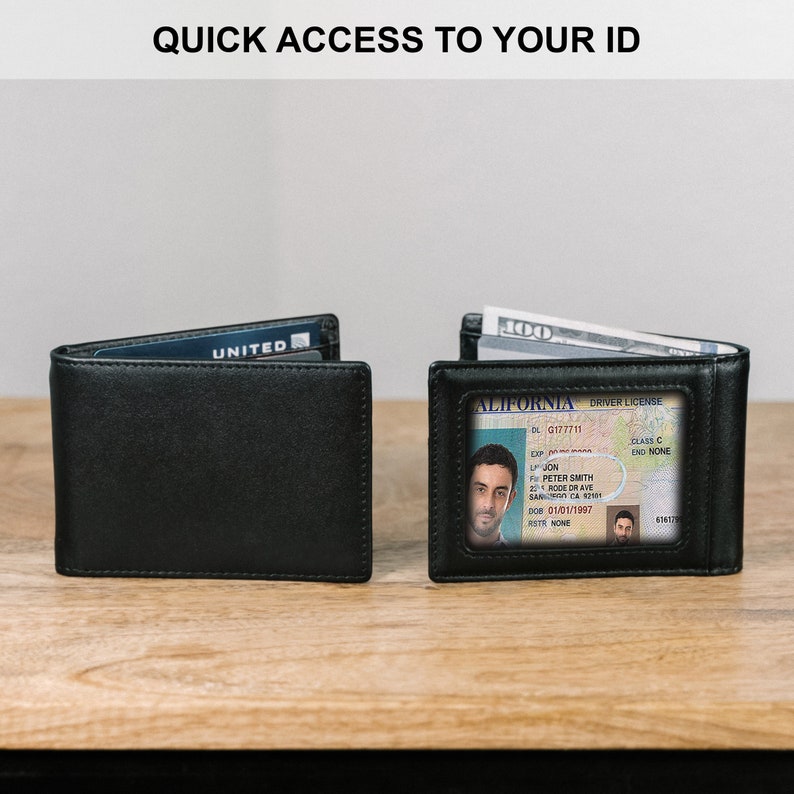 May include: A black leather wallet with a clear window for displaying a driver's license or ID card. The wallet is open and shows a $100 bill and a California driver's license with the name Peter Smith.