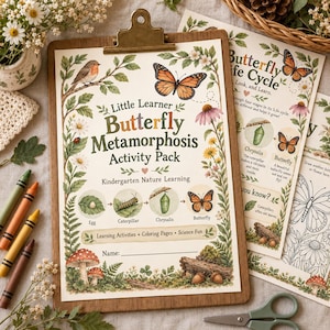May include: A Little Learner Butterfly Metamorphosis Activity Pack printed on paper, secured to a wooden clipboard. The page features botanical illustrations, a life cycle diagram, and text detailing egg, caterpillar, chrysalis, and butterfly stages.